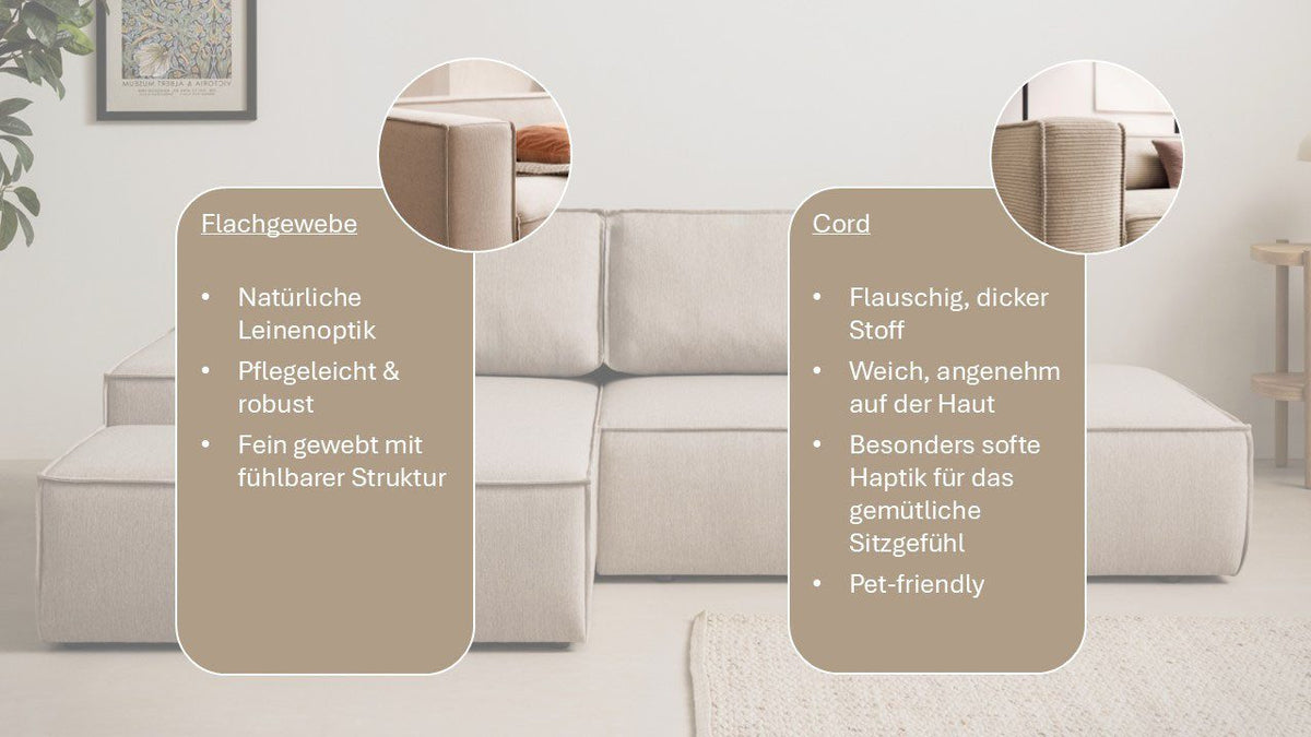 Cord Ecksofa SHERWOOD in Anthrazit von vorne im Wohnzimmer