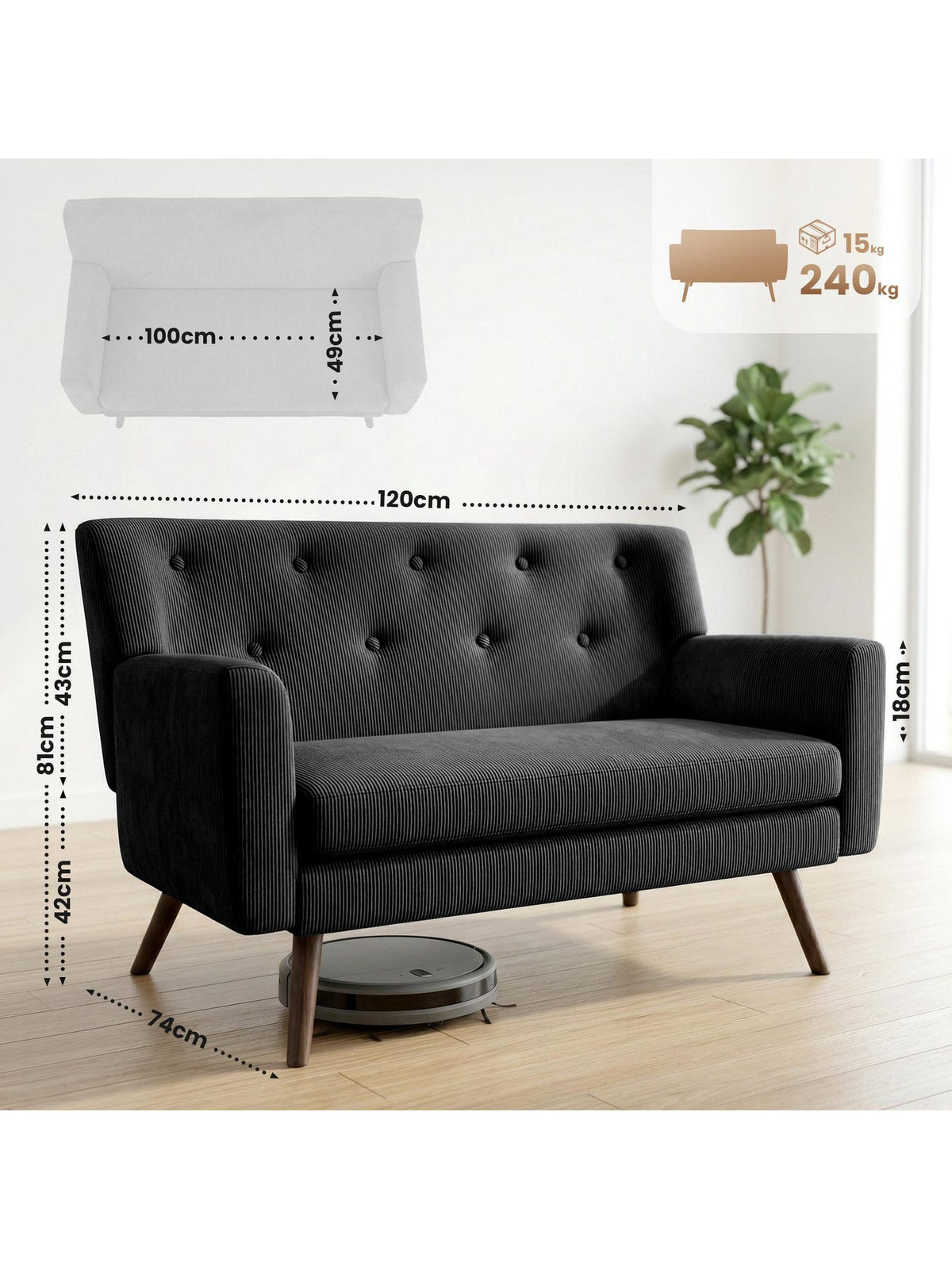 Cord Sofa KIONI in Schwarz Gesamtansicht