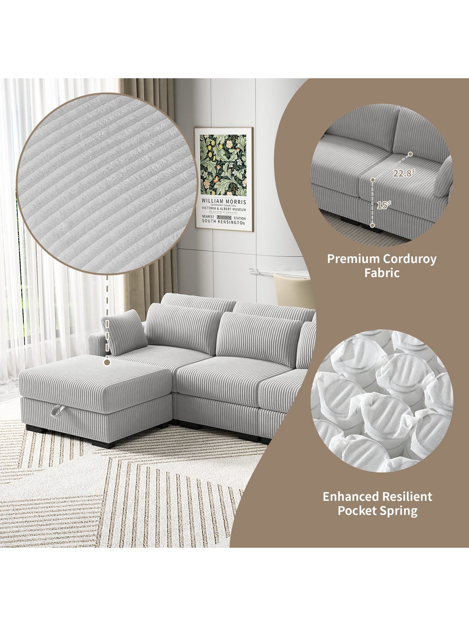 Modulares Cord Ecksofa LIEBESSOFA in Grau - Produktansicht 2