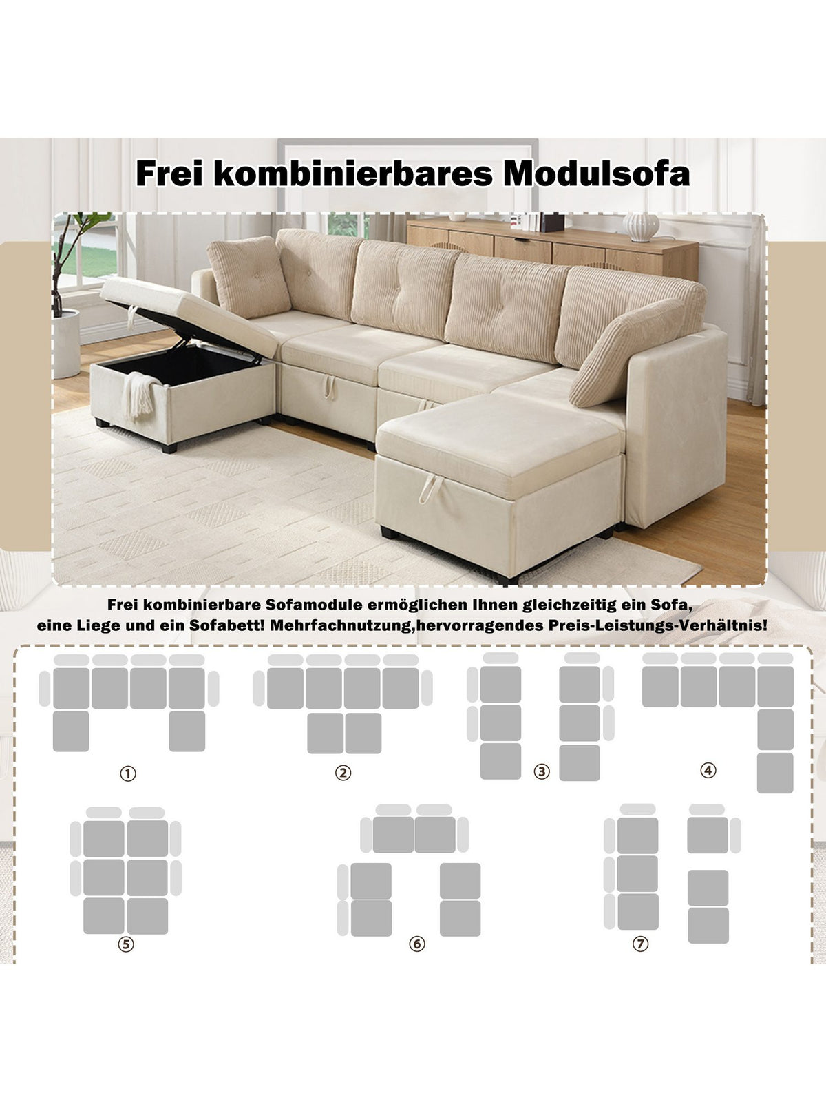 Modulares Cord Sofa in Beige als L-Form