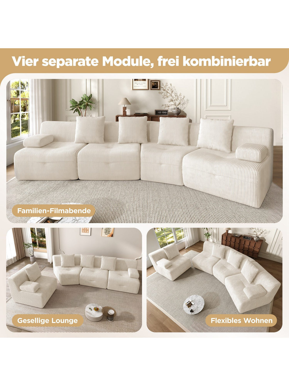 Modulares Cord Sofa in Beige Frontansicht