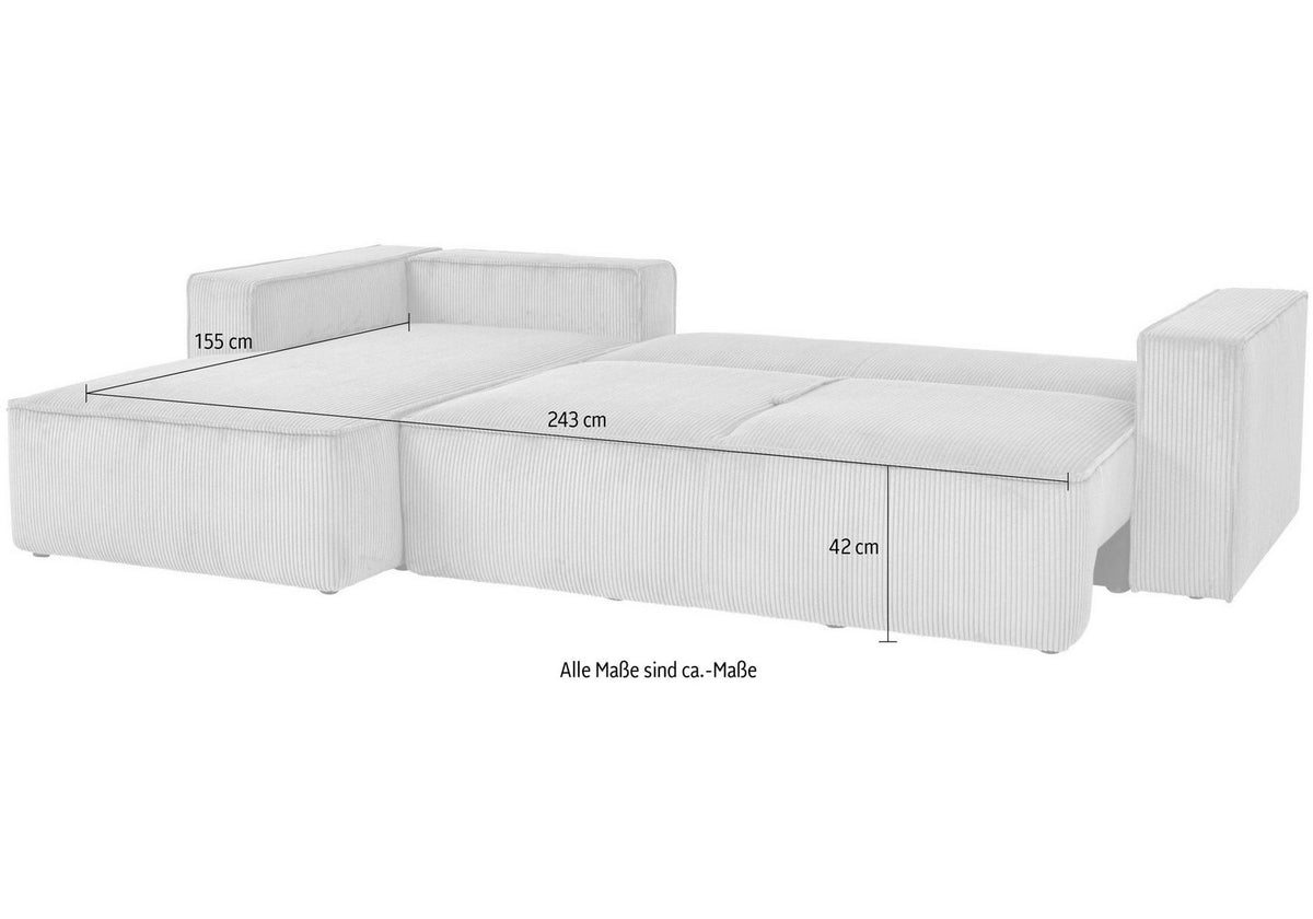 Bettkasten des Cord Ecksofas TILLIAN geöffnet