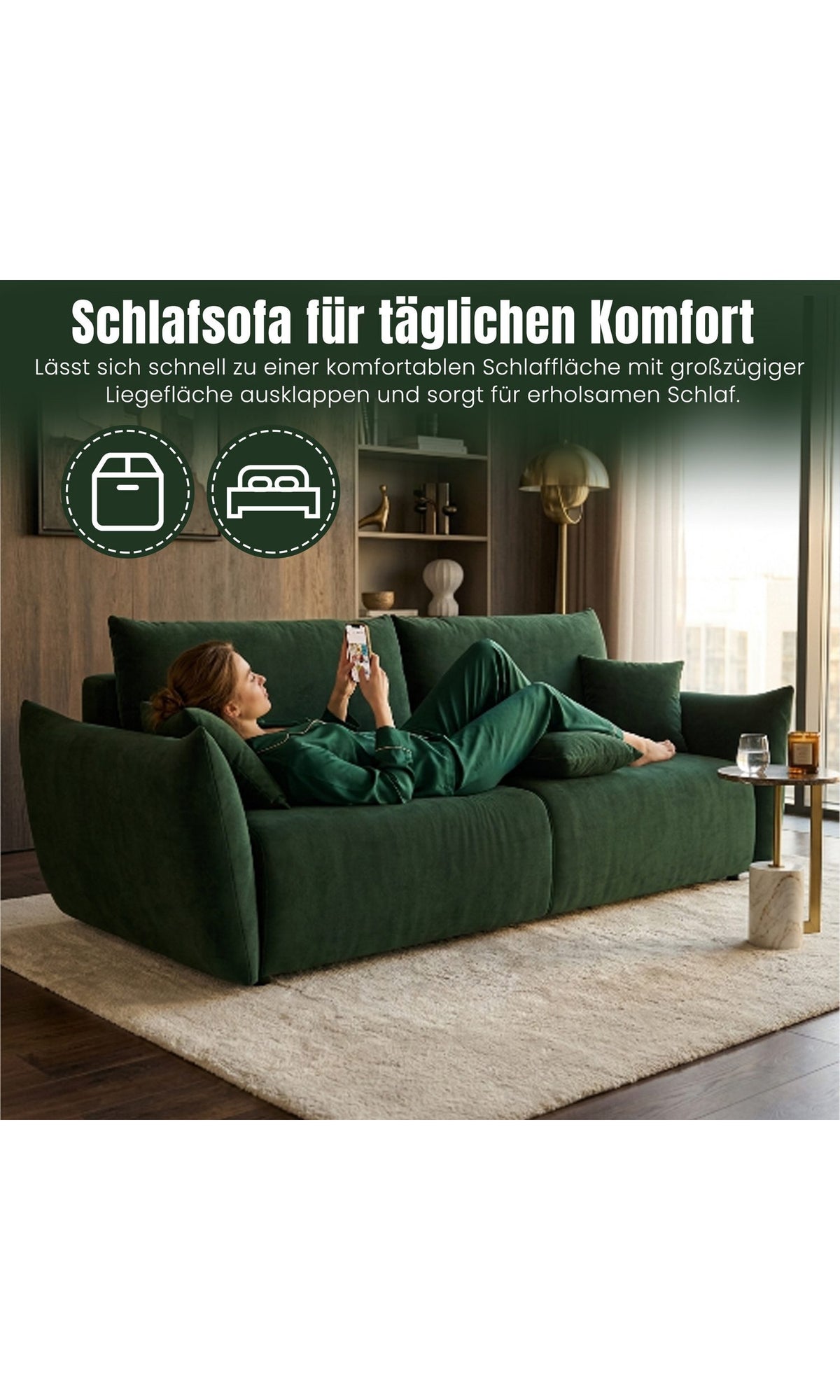 Cord Schlafsofa ALLORA in Dunkelgrün Seitenansicht