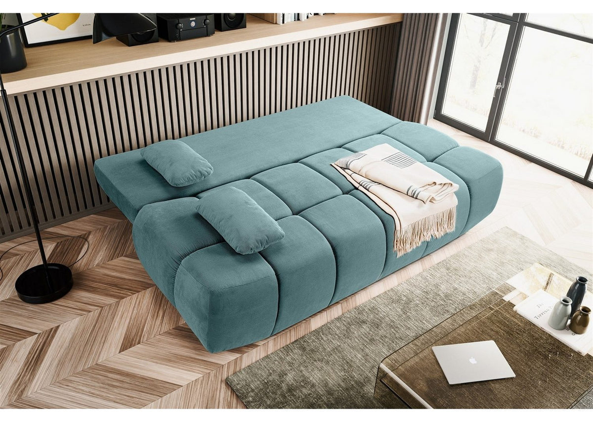 Detailaufnahme des mint-blauen Cordbezugs
