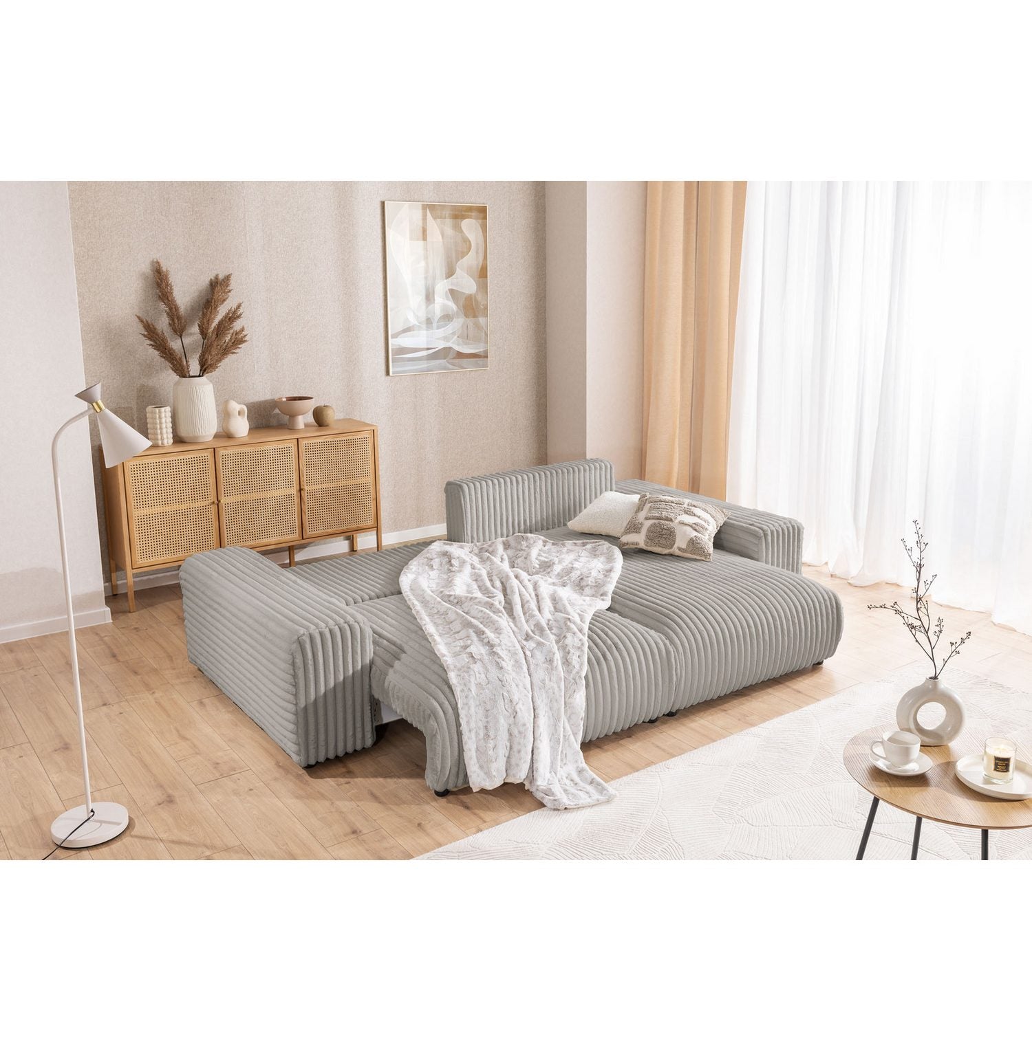 Cord Ecksofa MOLLIS mit Ottomane in Hellgrau