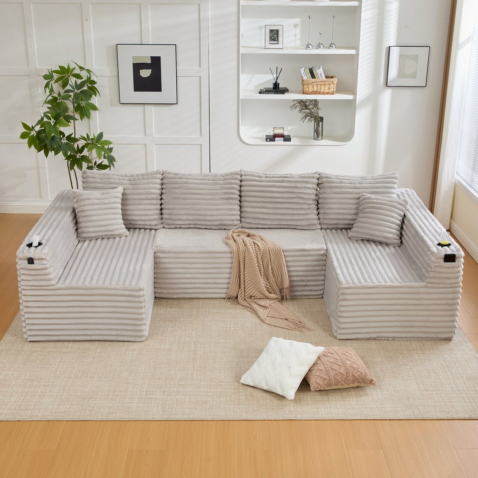 Modulares Cord Sofa in U-Form in Hellgrau mit Getränkehaltern