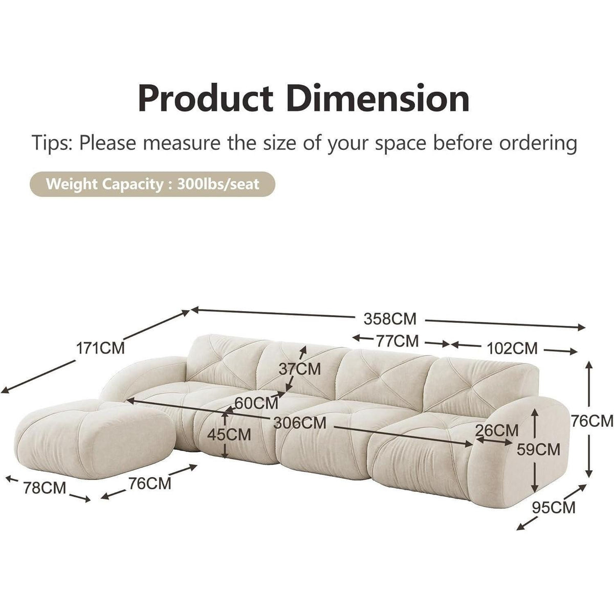 Modulare Cord Wohnlandschaft in Weiss mit Fusshocker