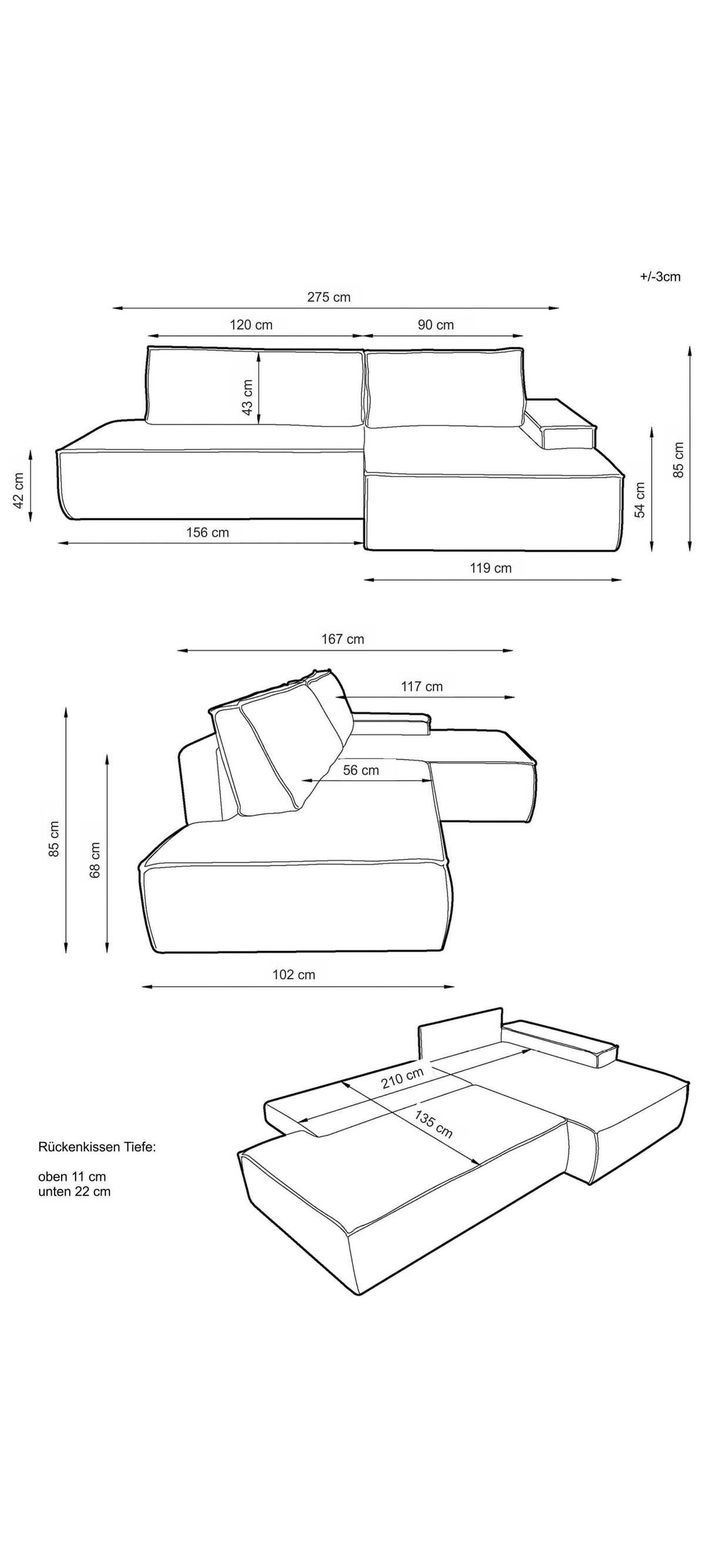 Cord Ecksofa SHERWOOD seitlich mit Recamiere rechts