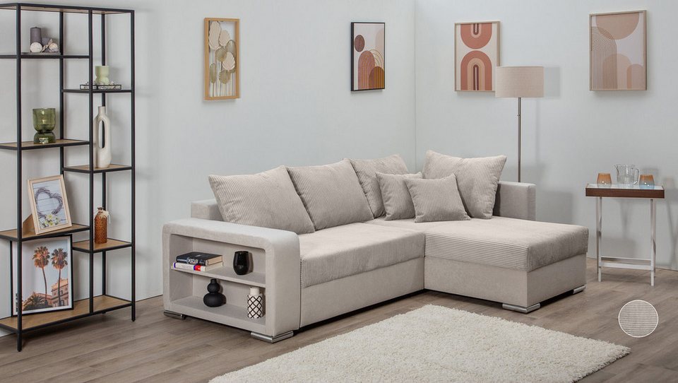 Cord Ecksofa JOHN 226 cm in Beige mit Ottomane und Regalarmlehne
