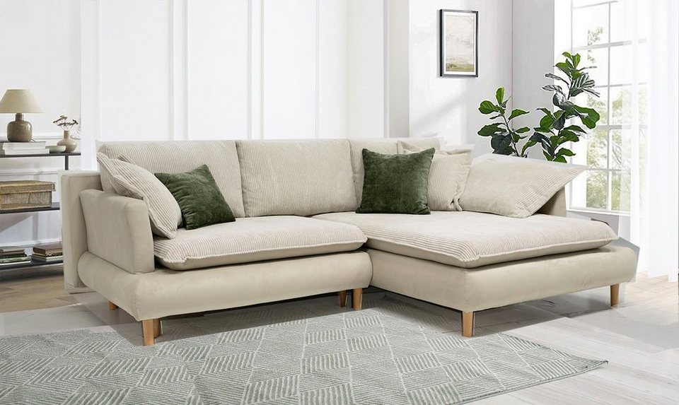 Cord Ecksofa MANDELA 264 cm in Beige mit Recamiere rechts