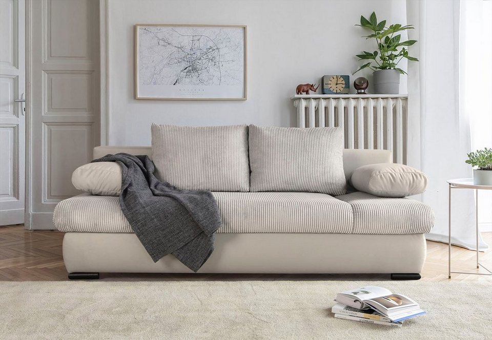 Cord Schlafsofa CHICAGO in Beige mit Bettkasten