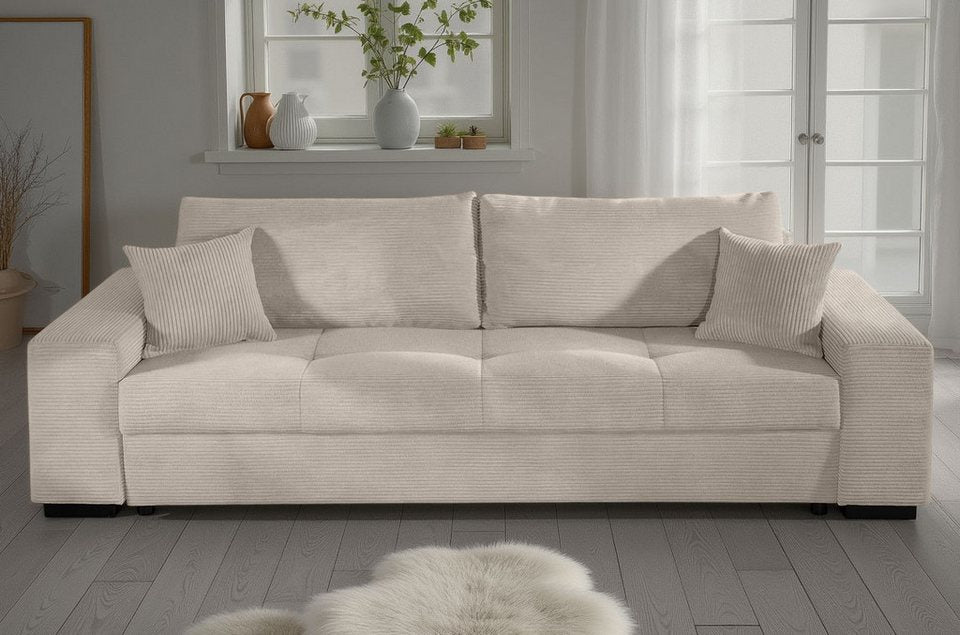 Cord Schlafsofa KRETA in Beige mit Bettkasten