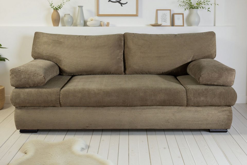 Cord Schlafsofa TINA in Olive mit Bettkasten