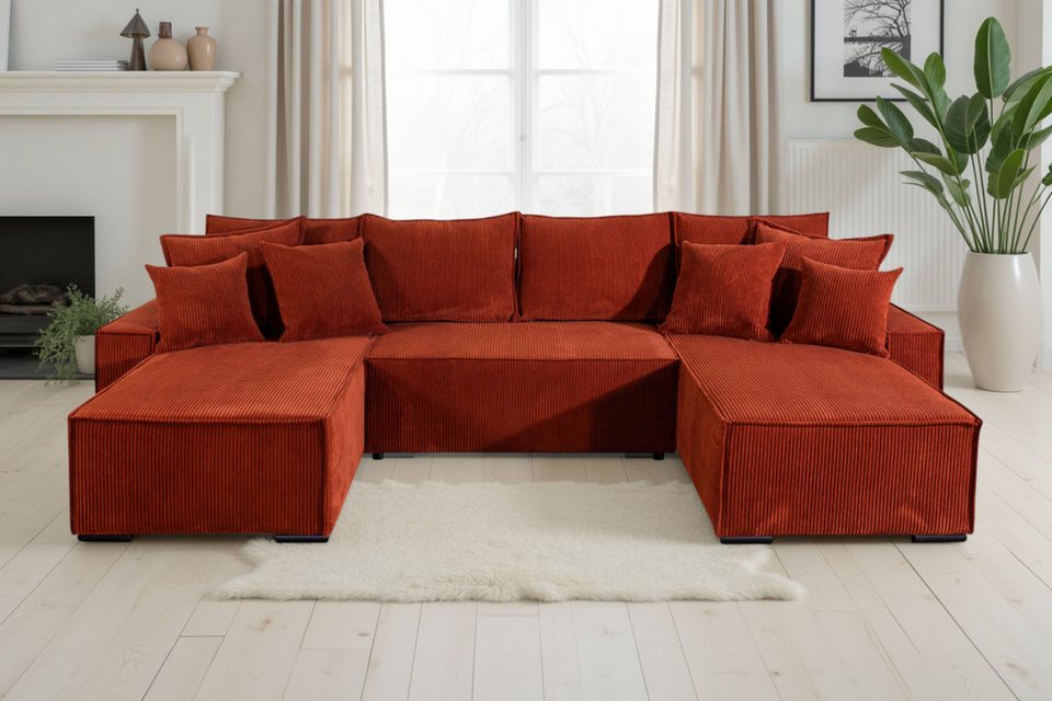 Cord Wohnlandschaft Manhattan in U-Form 313 cm in Terracotta