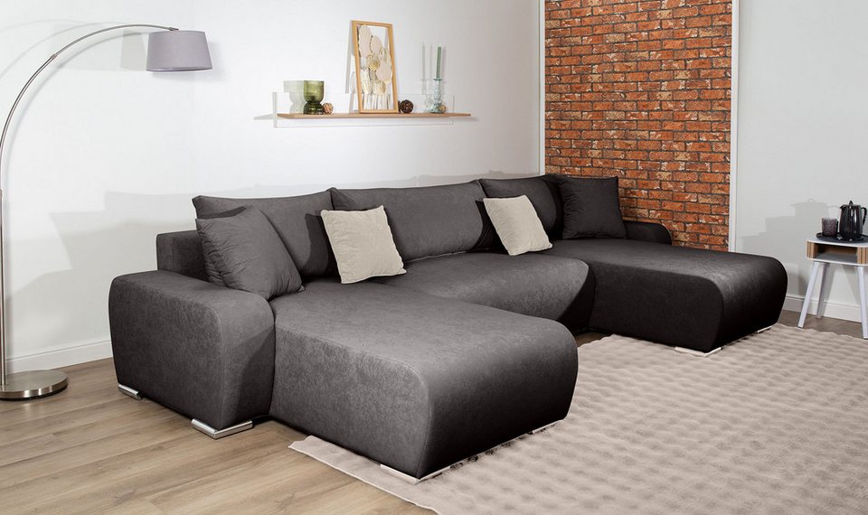 Cord Wohnlandschaft Paola in U-Form in Anthrazit mit Schlaffunktion und Bettkasten