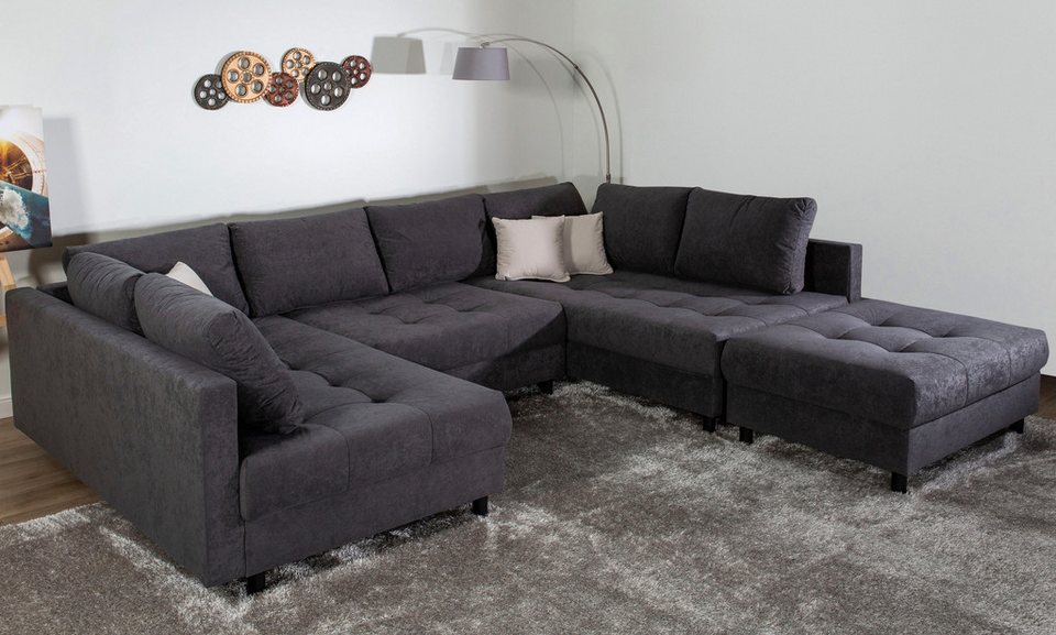 Cord Wohnlandschaft TONI in U-Form in Anthrazit mit Hocker