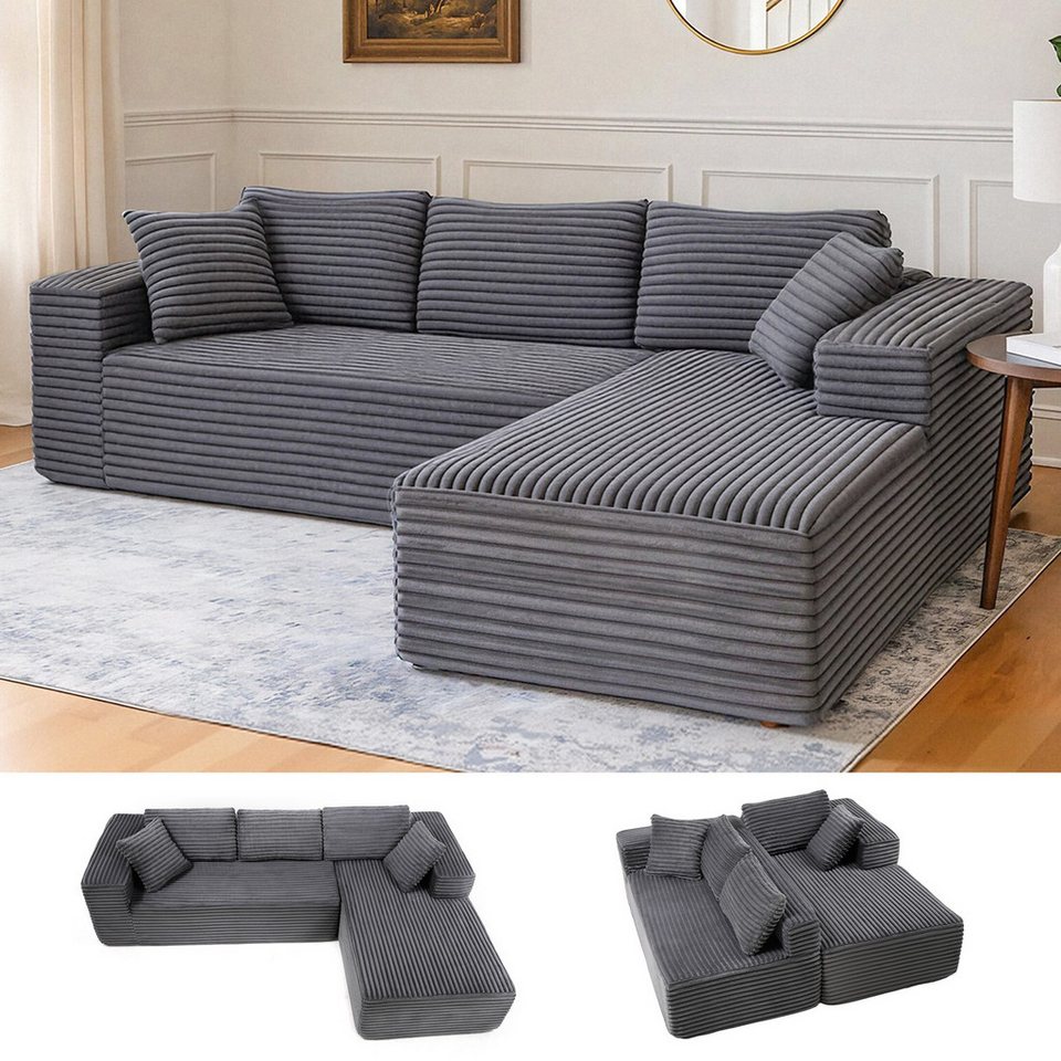 Modulares Cord Ecksofa in Dunkelgrau mit tiefer Sitzfläche