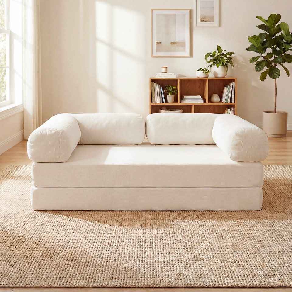 Cord Schlafsofa in Beige mit abnehmbaren Armlehnen