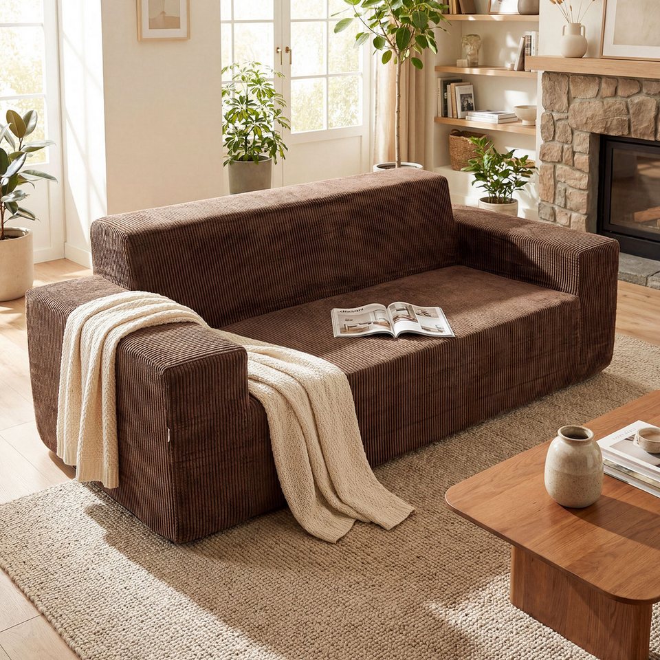 Braunes Cord Bodensofa mit 197 cm Breite und drei Sitzplätzen