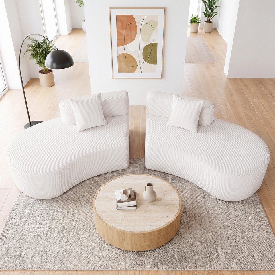 Geschwungenes Cord Ecksofa in Beige mit drei Kissen