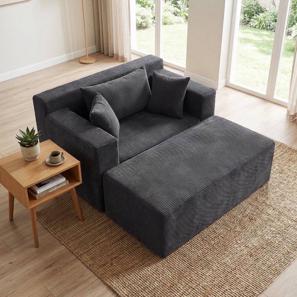 Cord Schlafsofa 127 cm in Grau mit Fußhocker