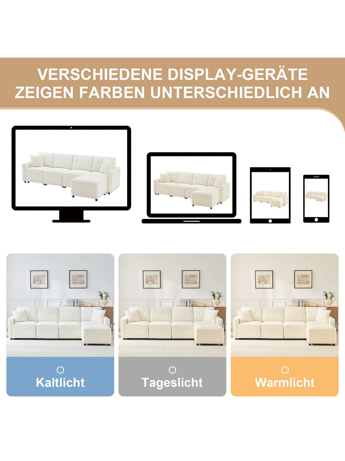 Rückansicht des beigen Cord Ecksofas