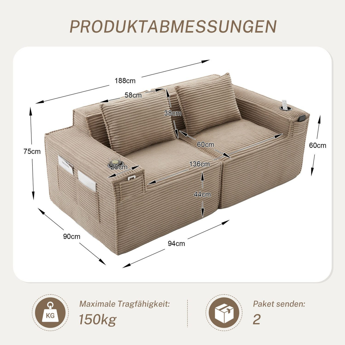 Cord Sofa in Khaki von der Seite mit Armlehne und Getränkehalter