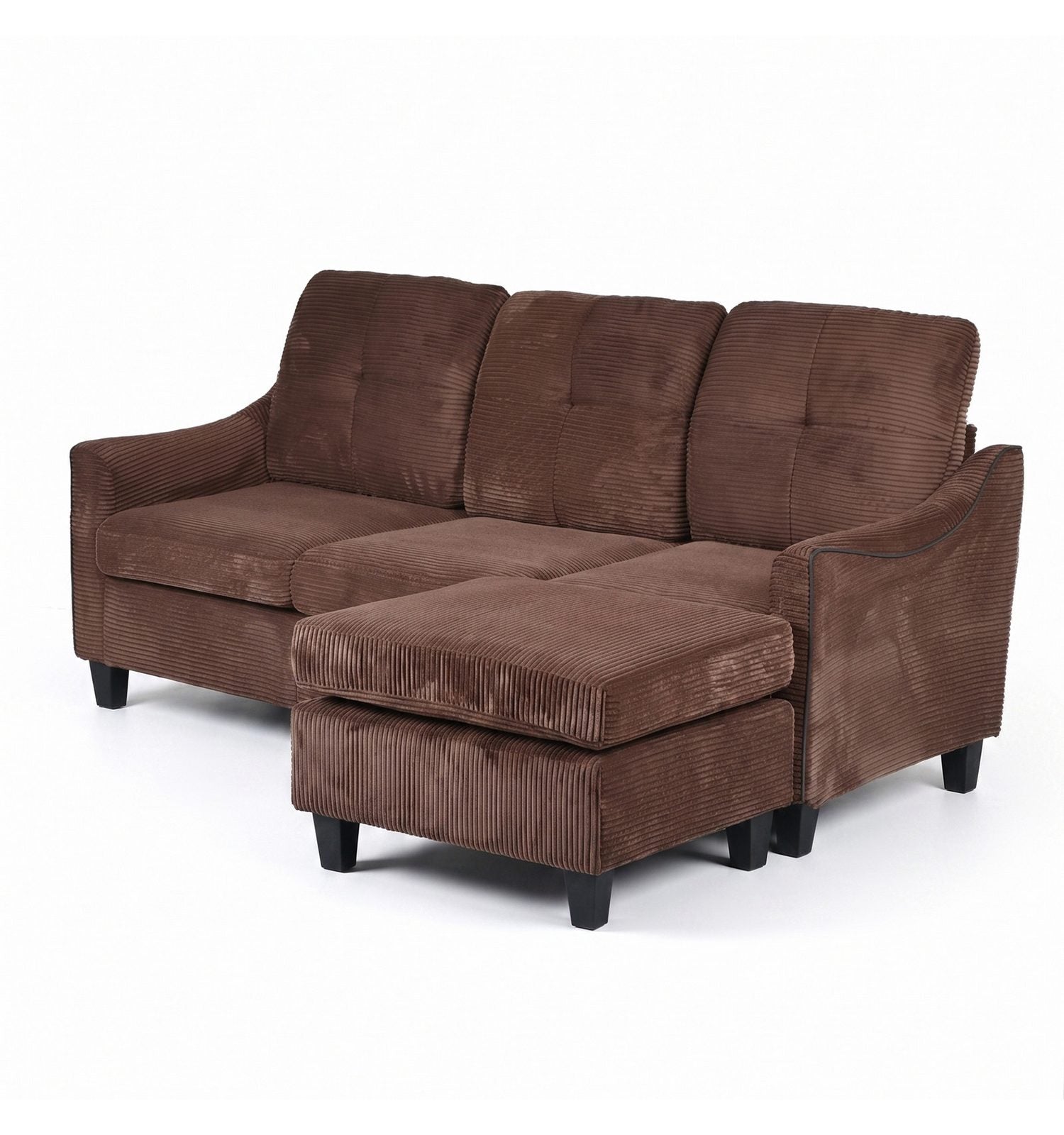 Maßangaben des braunen Cord Ecksofas mit Hocker