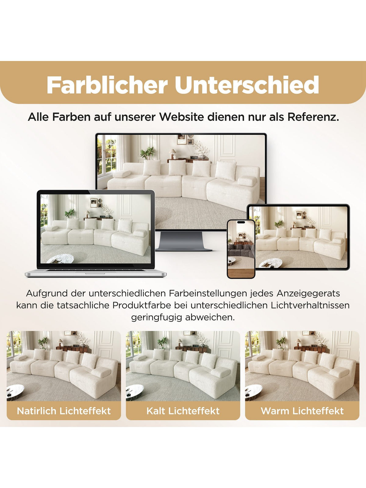 Modulares Cord Sofa in Beige Gesamtansicht im Raum