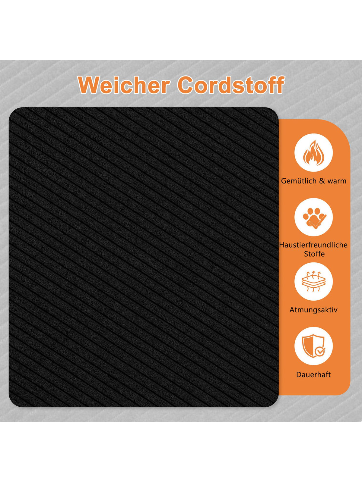 Detailansicht des grauen Cordstoffs am Ecksofa FUROKOY