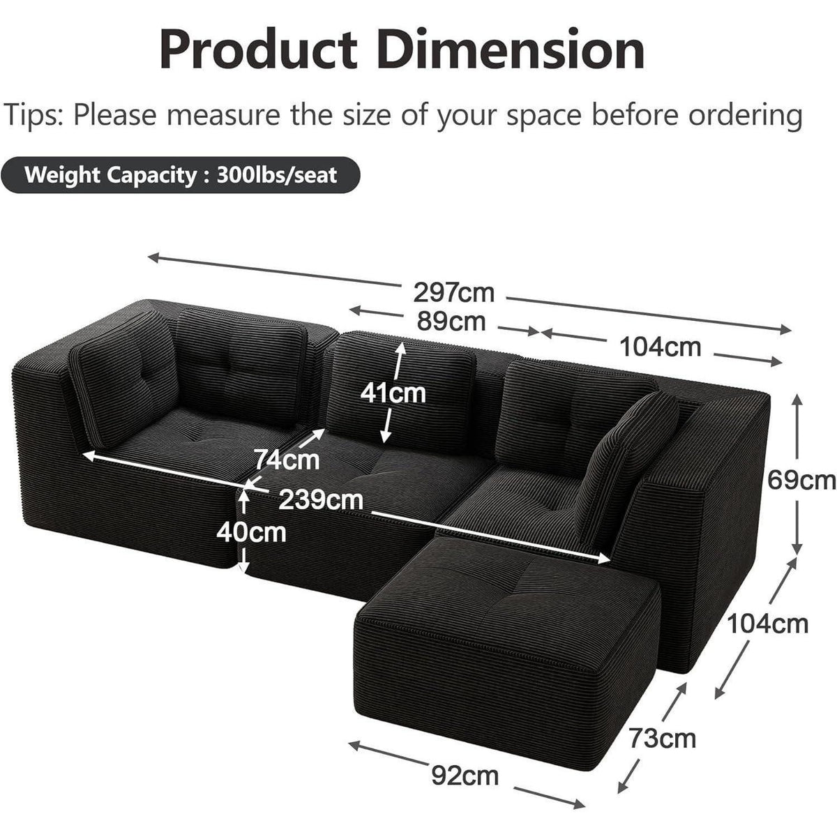 Schwarzes Cord Ecksofa im Wohnzimmer von vorne
