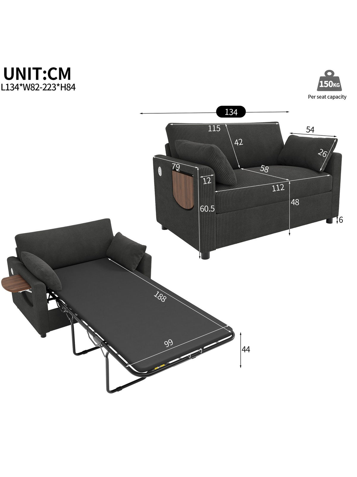 Seitentasche und Zierkissen des Cord Schlafsofas