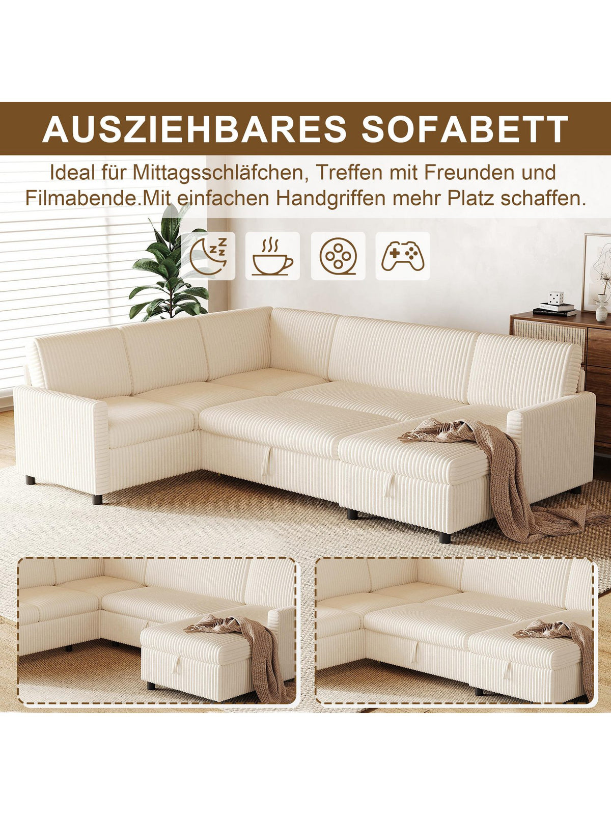 Ausgezogene Liegefläche der beigen Cord Wohnlandschaft