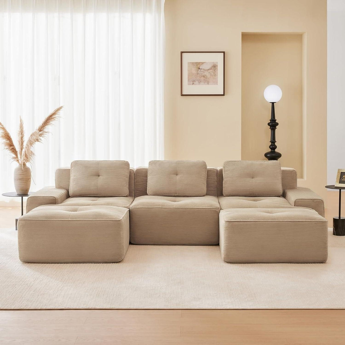 Modulare Cord Wohnlandschaft in Beige mit zwei Hockern