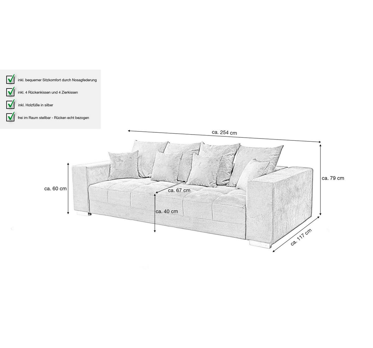 Graues Big Sofa BORNEO seitlich mit silberfarbenen Standbeinen