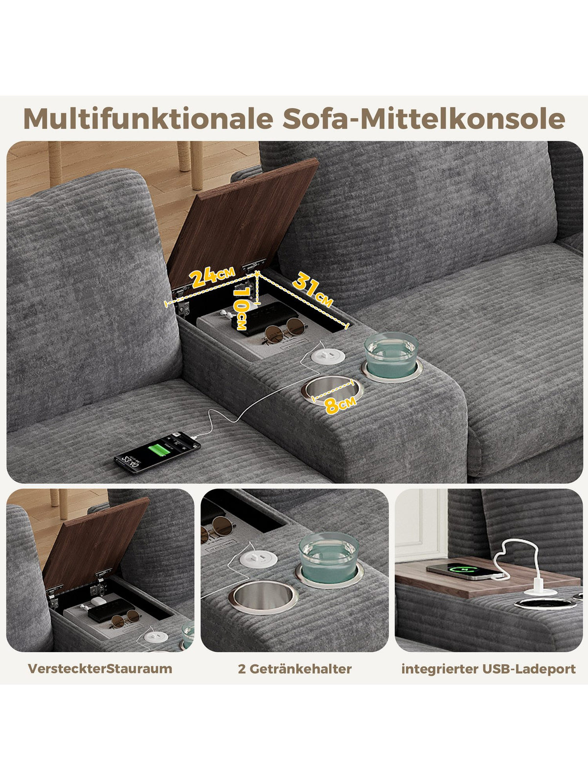 Graue Cord Wohnlandschaft in U-Form aufgestellt