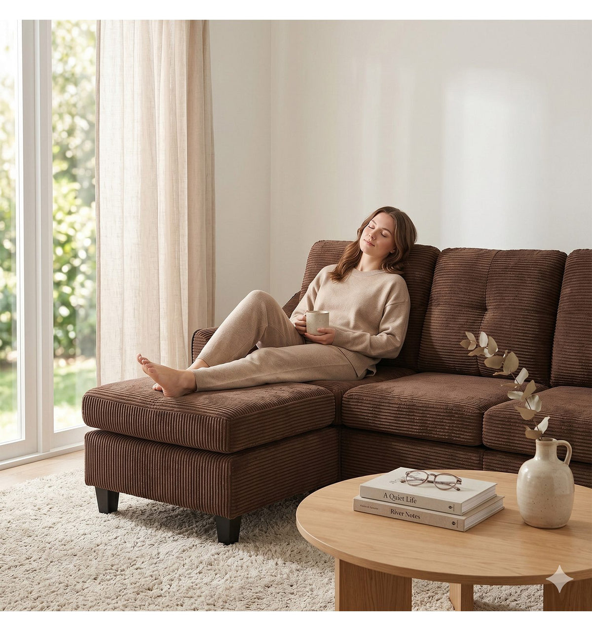 Braunes Cord Ecksofa mit Hocker im Wohnzimmer