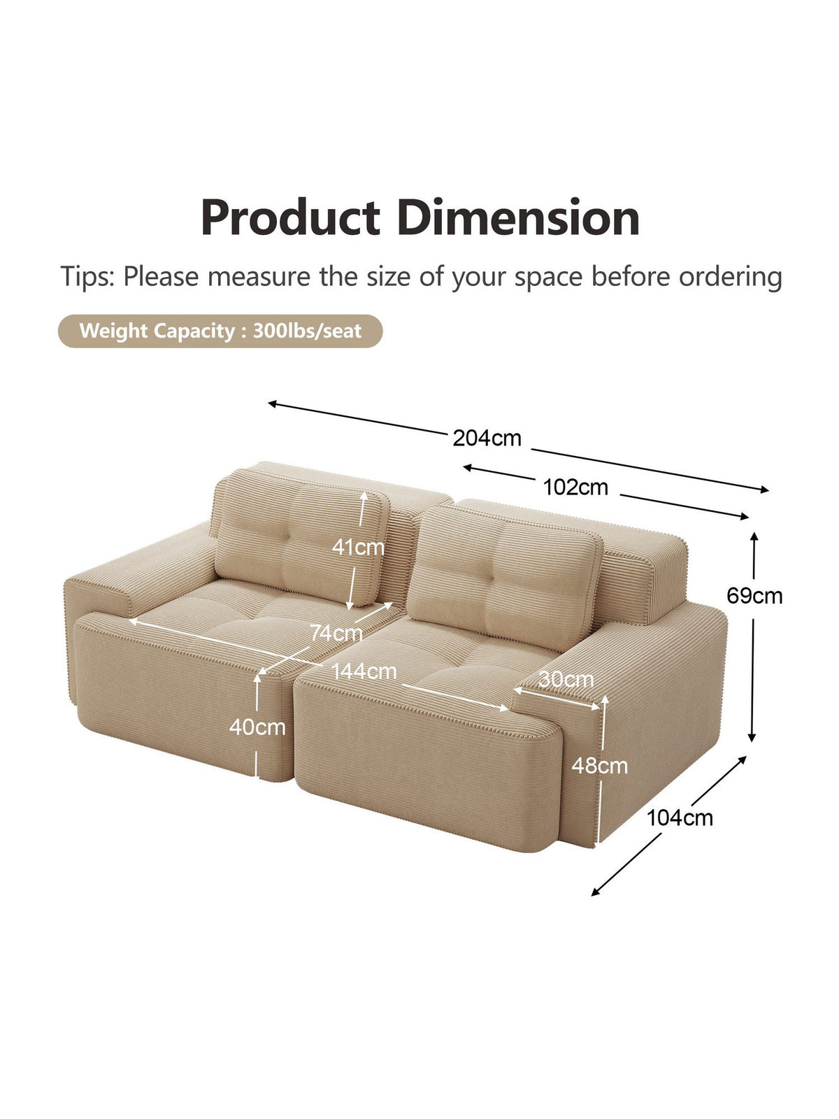 Modulares Cord Sofa mit tiefer Sitzfläche im Wohnzimmer
