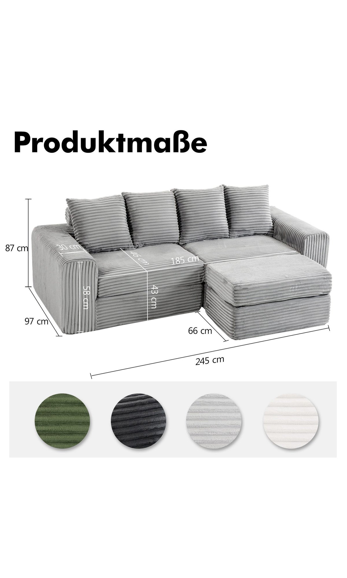 Graues Cord Ecksofa mit Fußhocker von vorne