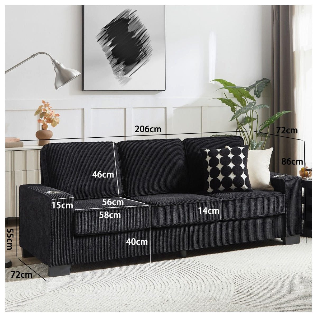 Rückansicht des schwarzen Cord Sofas