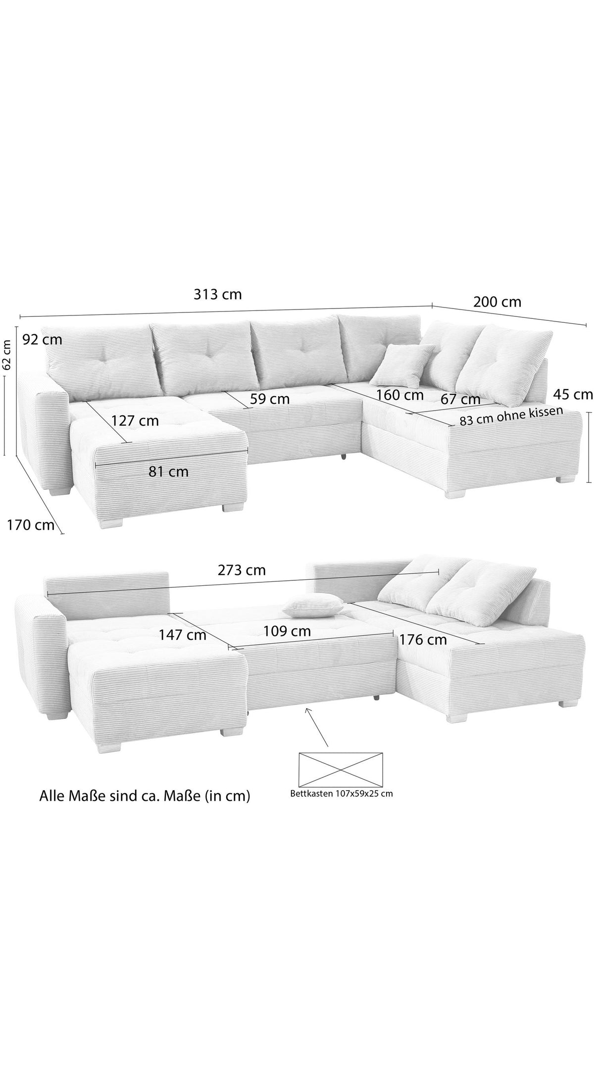 Cord Wohnlandschaft 15218 Beige Grau Bettkasten unter dem Mittelteil