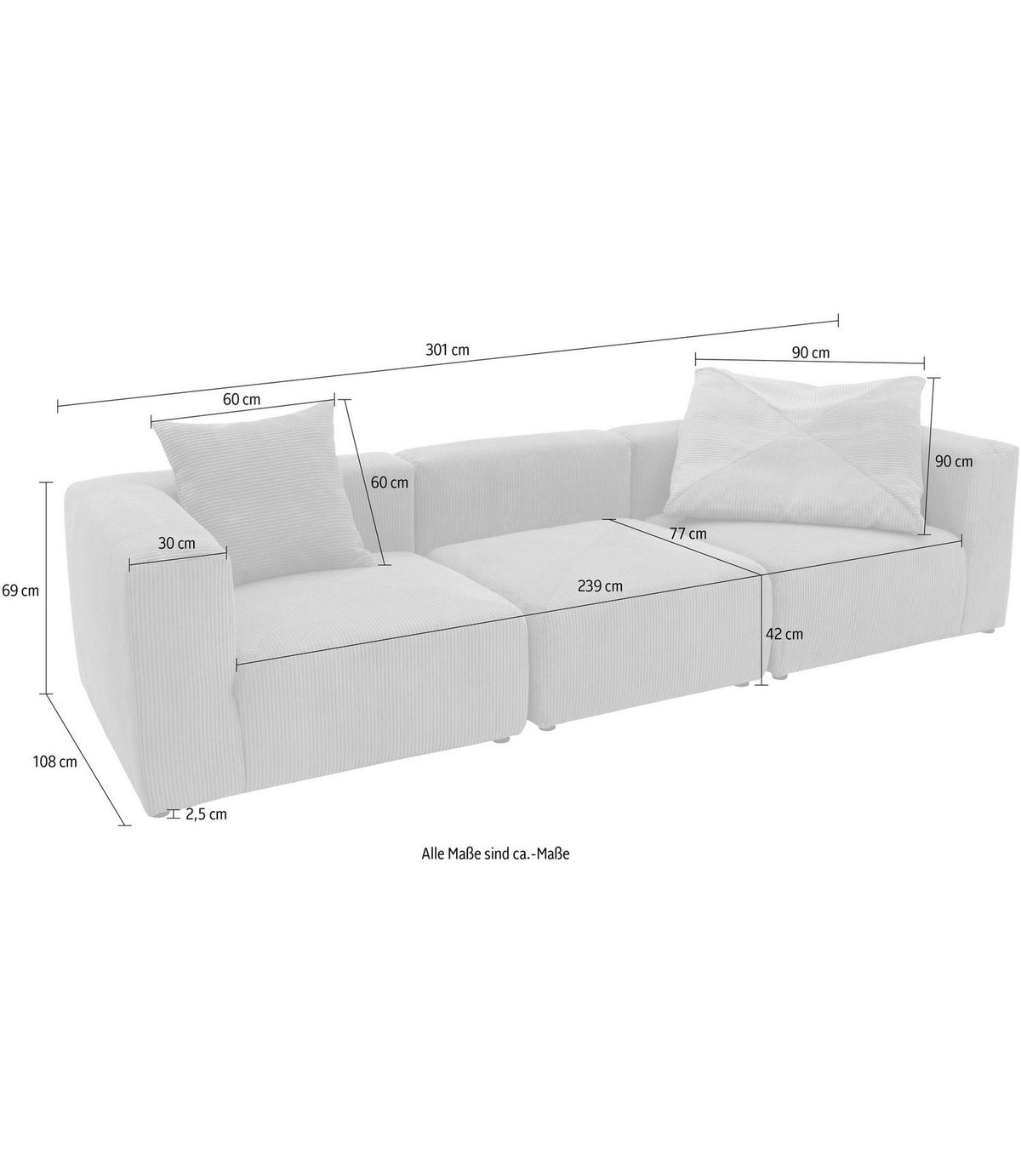 Big Sofa GERRID in Cord Creme im Wohnzimmer