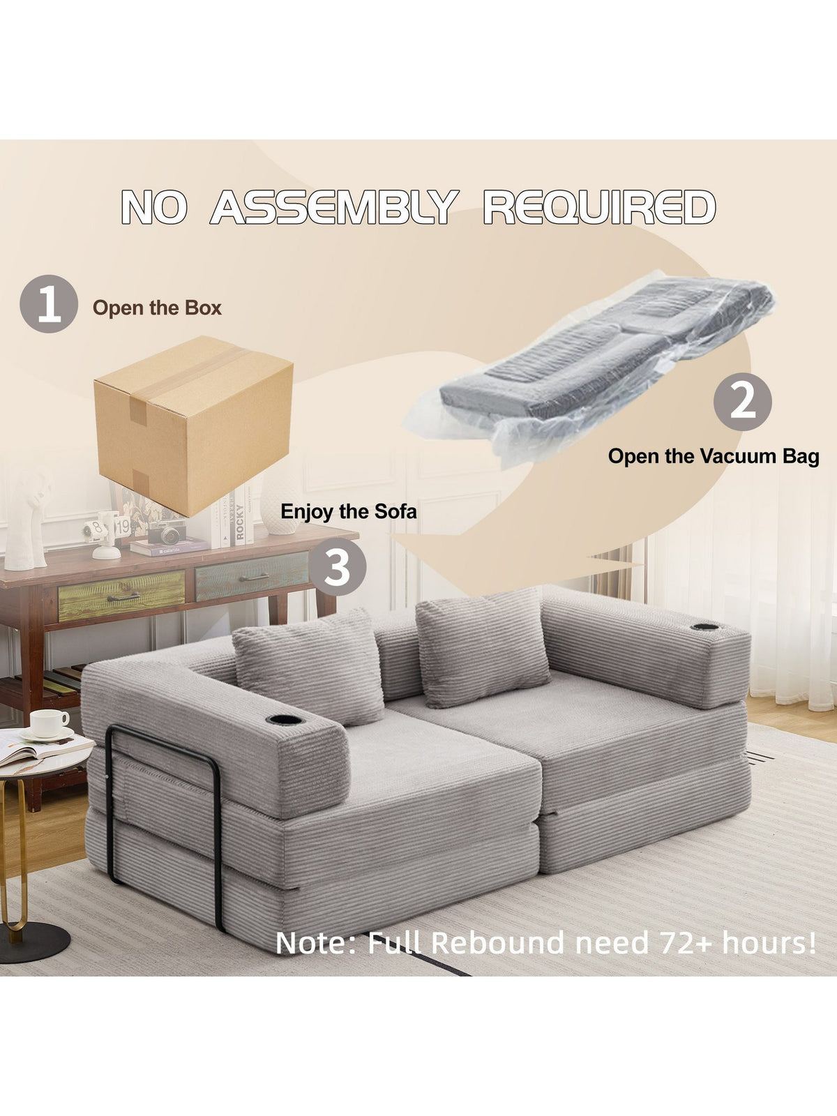 Faltbares Cord Schlafsofa in Grau seitlich