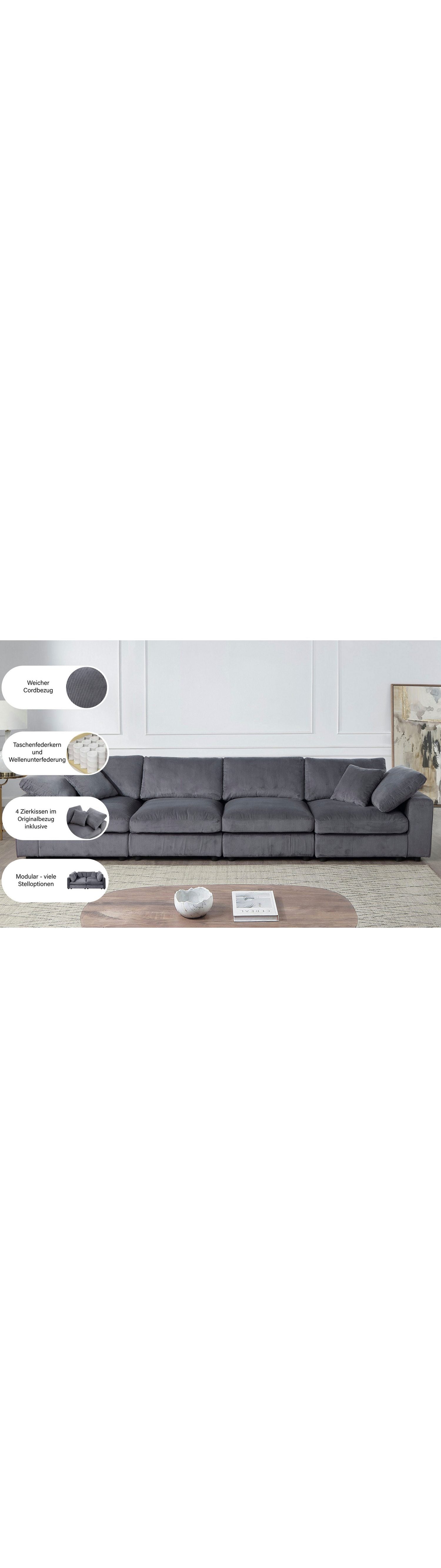 Modulares Cord Sofa BERNY Sitzflaeche mit Zierkissen