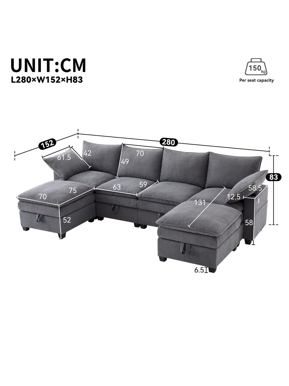 Graues Cord Ecksofa ULIFE mit Fußhocker in L-Form