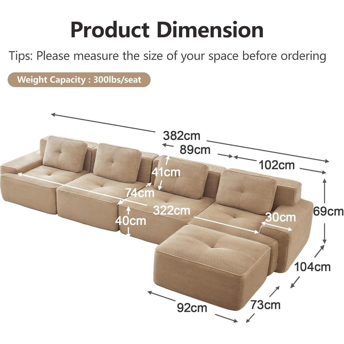 Modulare Cord Wohnlandschaft in Beige als U-Form aufgestellt