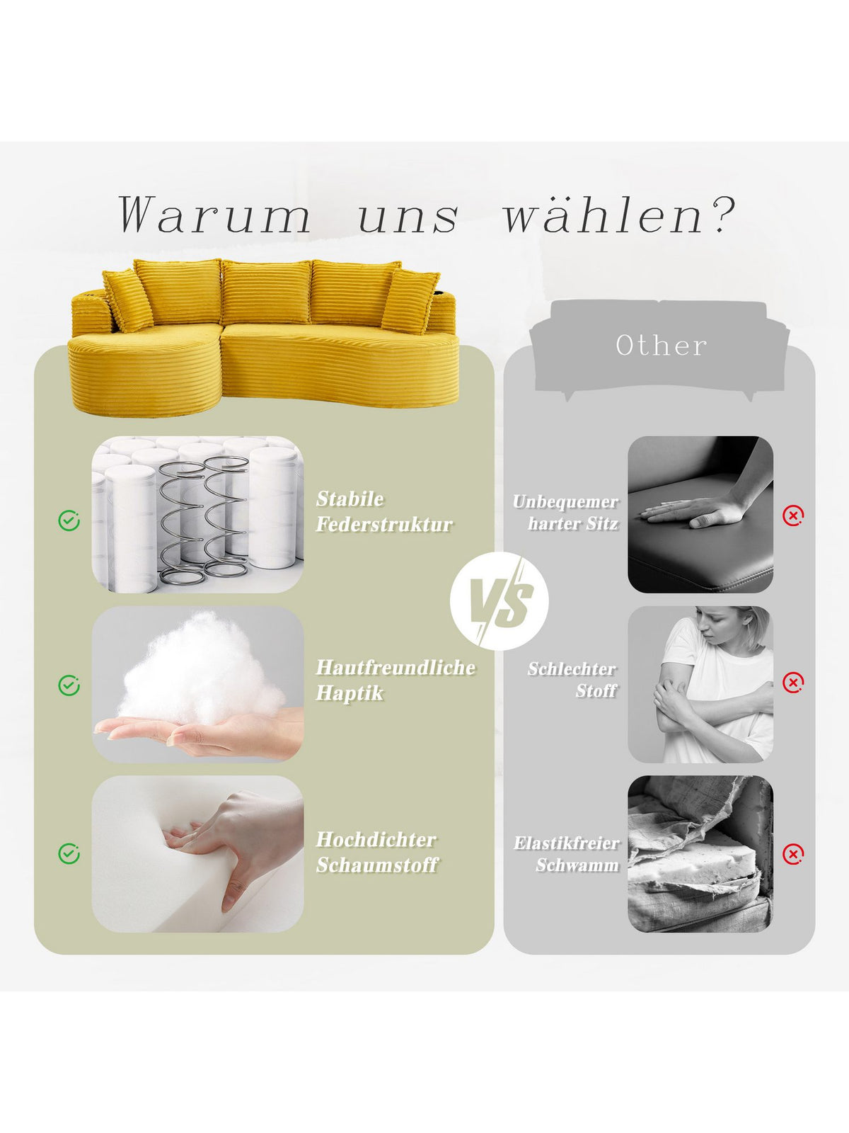 Cord Bogensofa von schraeg oben mit Kissen