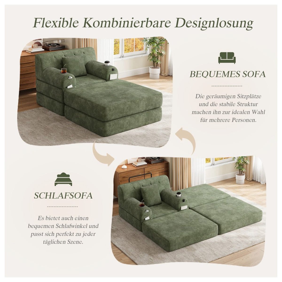 Rückansicht des grünen Cord Sofas