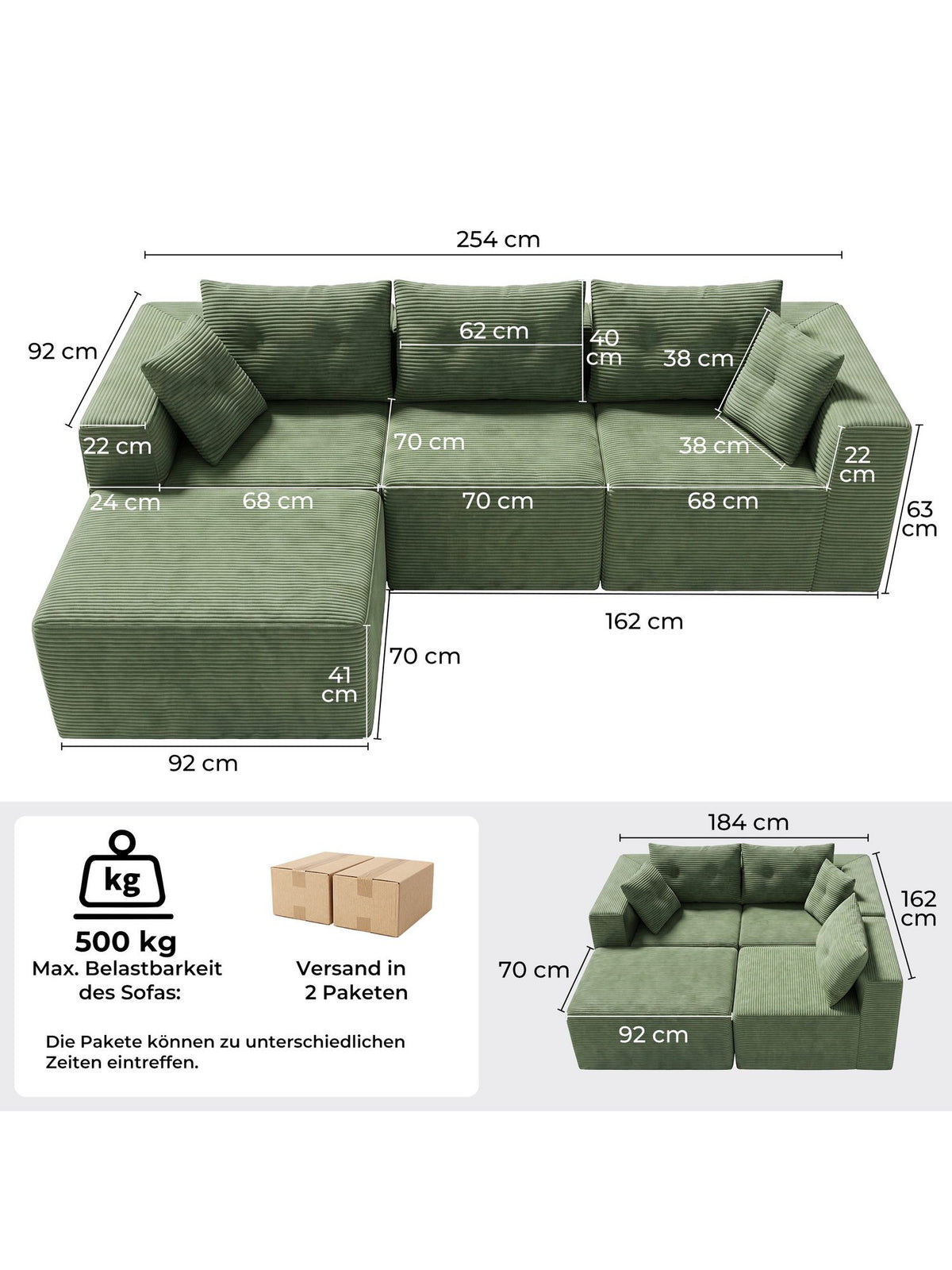 Seitentasche und breite Armlehne des Cord Modulsofas