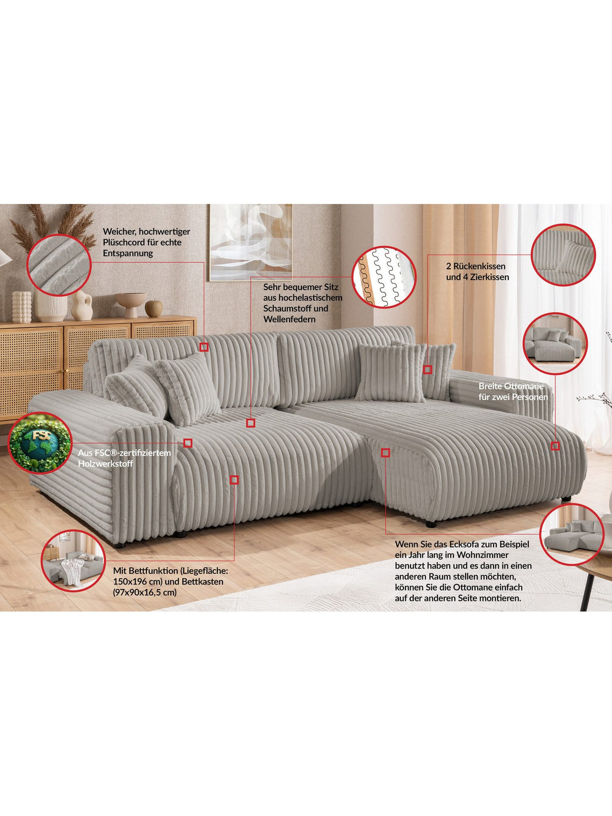 Seitenansicht des Cord Ecksofas MOLLIS